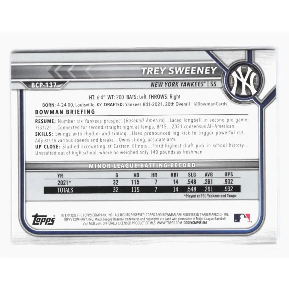 2022 Bowman Chrome Sapphire Trey Sweeney 1st Bowman BCP-137 New York Yankees